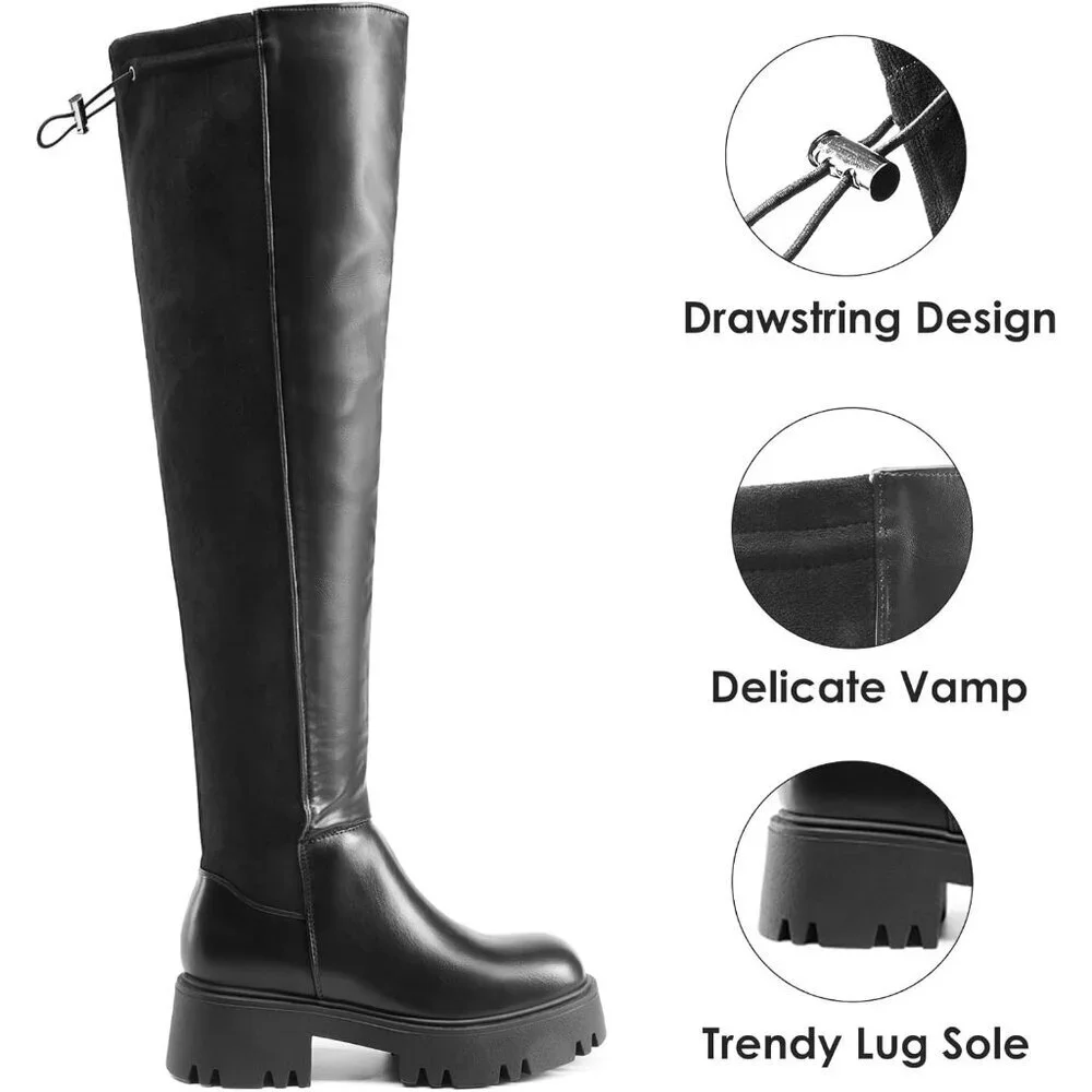 Women's Black-pu Faux Leather Over The Knee Lug Sole Round Toe Thigh High Boots